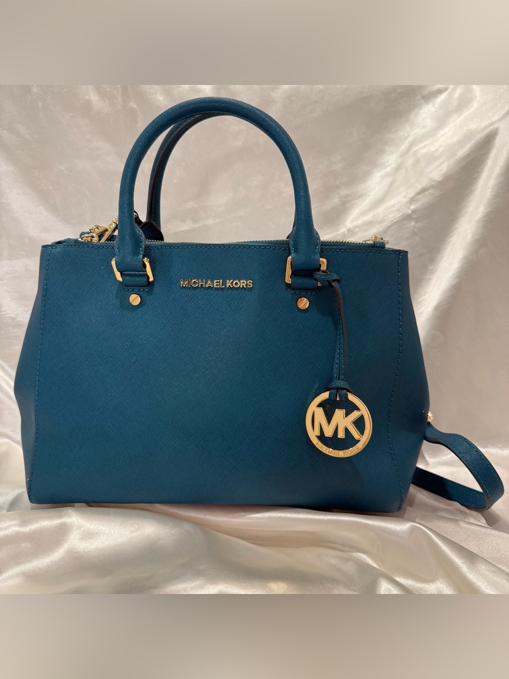 Michael Kors Sutton Medium Satchel Deep Teal Leather Crossbody Classic City Fall